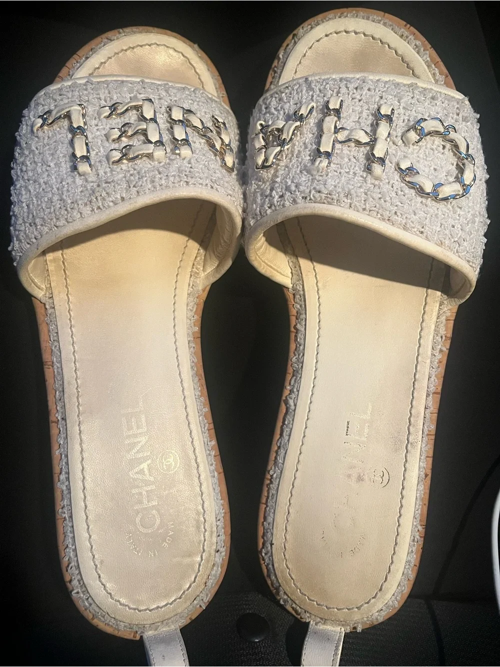 CHANEL White Tweed Sandals 41